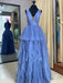 Deep V Neck Blue Layered Long Prom Dresses, Long Blue Formal Evening Dresses