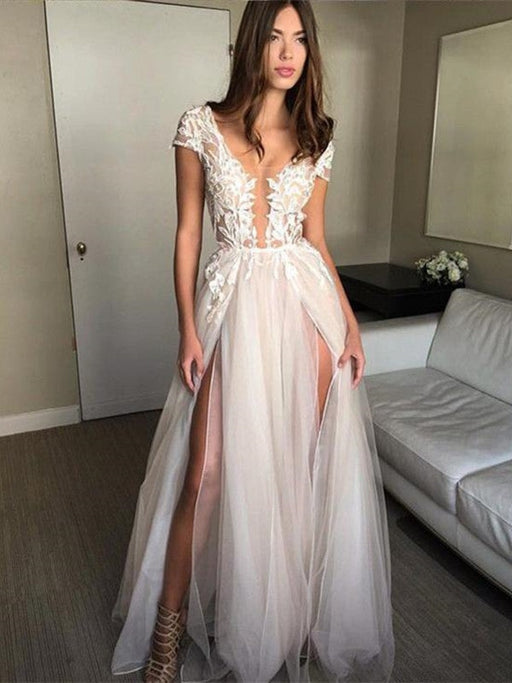 Deep V Neck Cap Sleeves Backless Tulle Lace Wedding Dresses with Appliques, Lace Prom Dresses, Formal Dresses