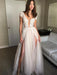 Deep V Neck Cap Sleeves Backless Tulle Lace Wedding Dresses with Appliques, Lace Prom Dresses, Formal Dresses