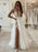 Deep V Neck Ivory Lace Long Wedding Dresses, White Lace Formal Evening Prom Dresses with High Split