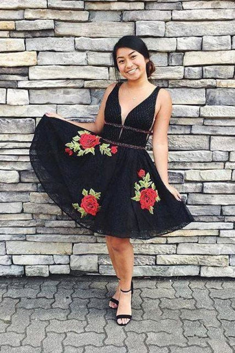 Deep V Neck Junior Homecoming Dresses with Flowers Sexy Lace Black Dress - Prom Dresses