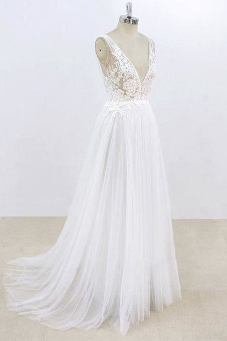 Deep V-neck Lace A-line Tulle Wedding Dress - Wedding Dresses