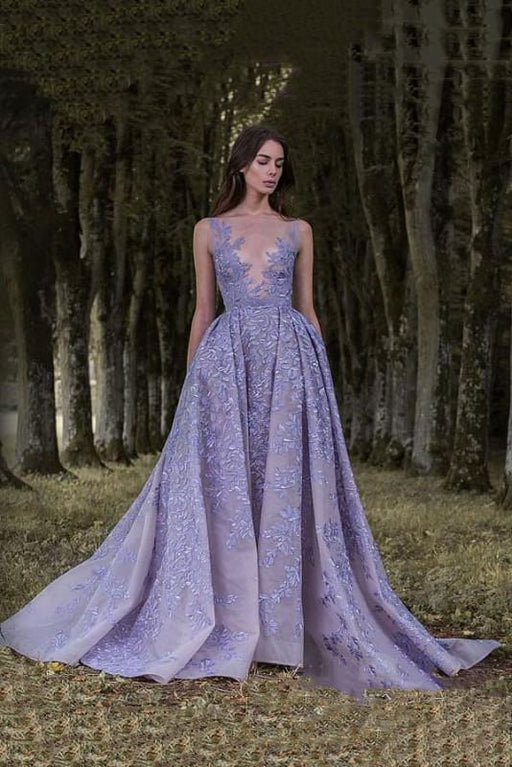 Deep V Neck Lace Appliques Sleeveless Ball Gown Prom Dress - prom dresses