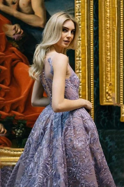 Deep V Neck Lace Appliques Sleeveless Ball Gown Prom Dress - prom dresses