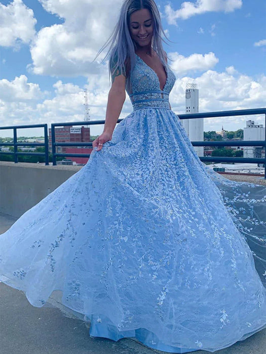 Deep V Neck Light Blue Lace Long Prom Dresses, Light Blue Lace Formal