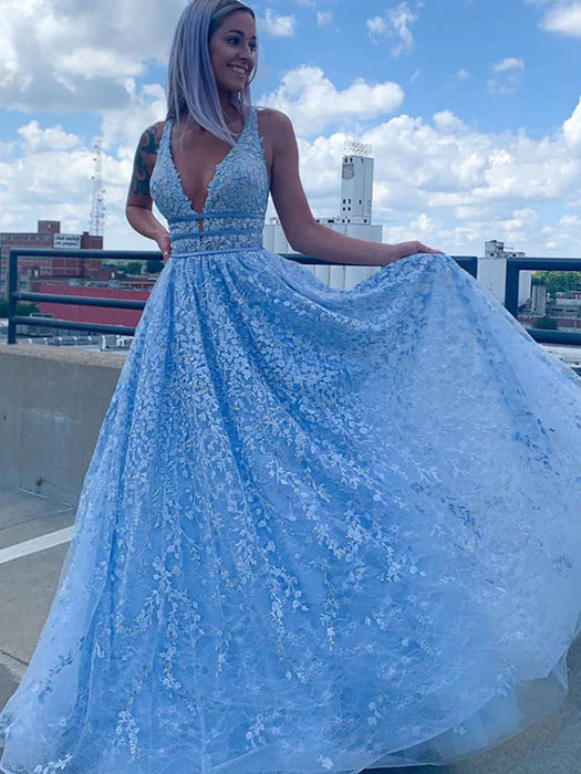 Deep V Neck Light Blue Lace Long Prom Dresses, Light Blue Lace Formal