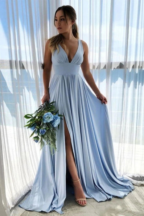 Deep V Neck Light Blue Long Prom Simple Flowy Bridesmaid Dresses - Prom Dresses
