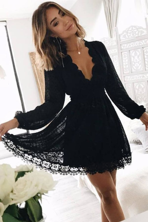 Deep V Neck Long Sleeves Lace Homecoming Dress Black Short Prom Gown - Prom Dresses