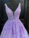 Deep V Neck Purple Lace Long Prom Dresses, Purple Lace Formal Graduation Evening Dresses