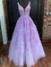 Deep V Neck Purple Lace Long Prom Dresses, Purple Lace Formal Graduation Evening Dresses