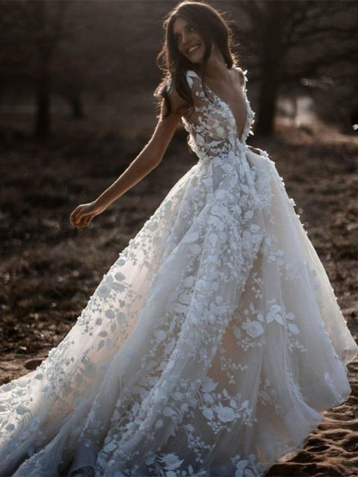 Deep V Neck Short Sleeve Backless A Line Wedding Dresses - White / Floor Length - wedding dresses