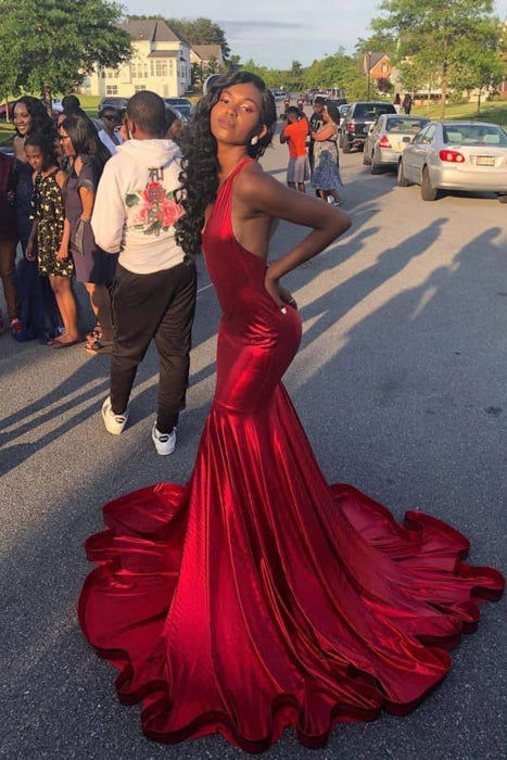 Deep V Neck Sleeveless Open Back Cheap Red Ball Gowns - Bridelily Deep V Neck Sleeveless Open Back Cheap Red Ball Gowns - Bridelily