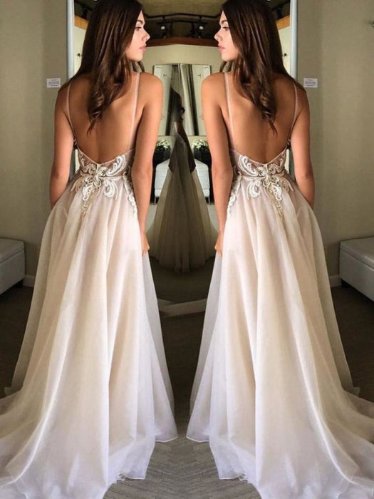 Deep V-neck Spaghetti Straps Lace Appliqued Beach Wedding Dress - Wedding Dresses