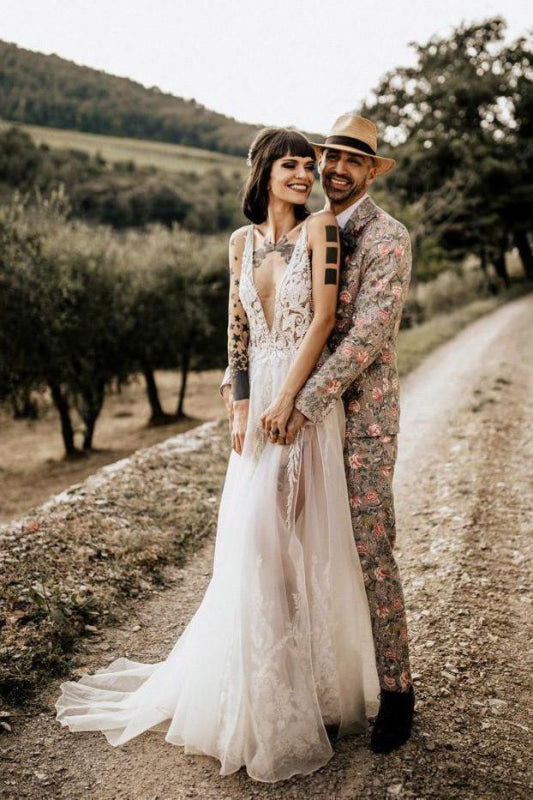 Deep V Neck Beach Wedding Dress A-Line Vintage with Split-Bridelily