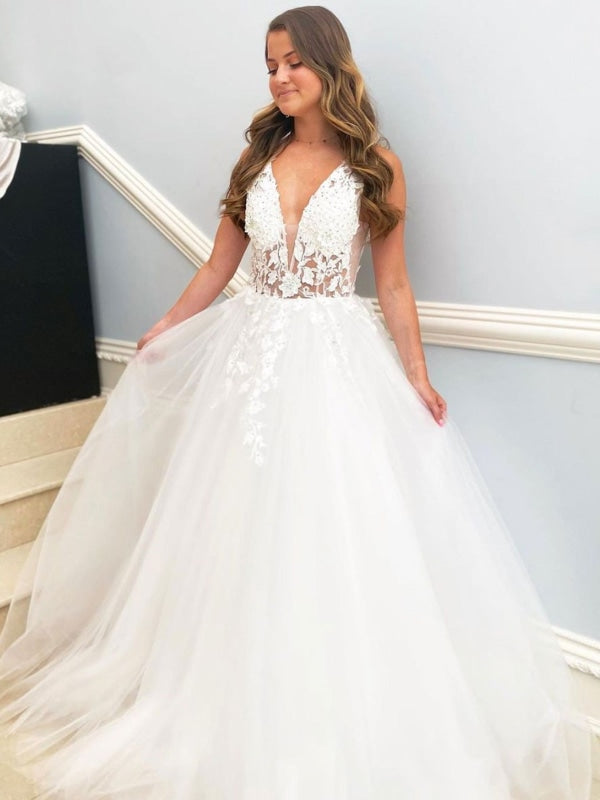 Formal Dress: 7035. Long Bridal Gown, V-neck, A-line, Deep V Back | Alyce  Paris
