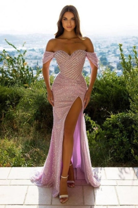 Designer Off-the-shoulder Long Evening Dresses Pink Prom dresses with glitter - Prom Dresses