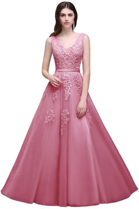 Double V Neck Long Evening Dress Chiffon Bridesmaid Dresses - Dusty Pink / US 2 - bridesmaid dresses