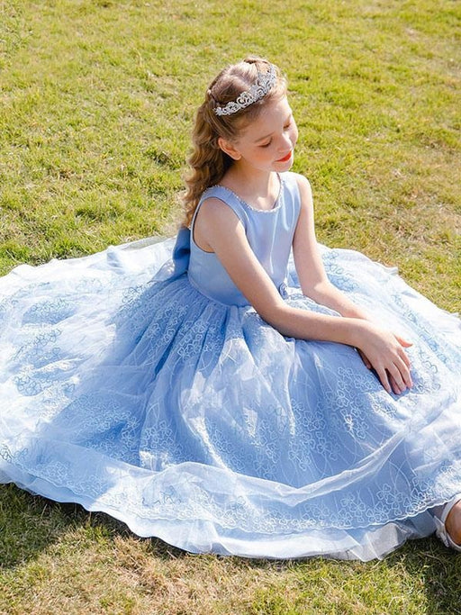Flower Girl Dresses Baby Blue Jewel Neck Sleeveless Bows Lace Tulle Polyester Kids Social Party Dresses