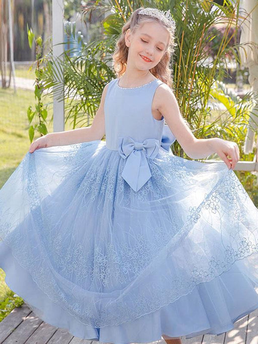Flower Girl Dresses Baby Blue Jewel Neck Sleeveless Bows Lace Tulle Polyester Kids Social Party Dresses