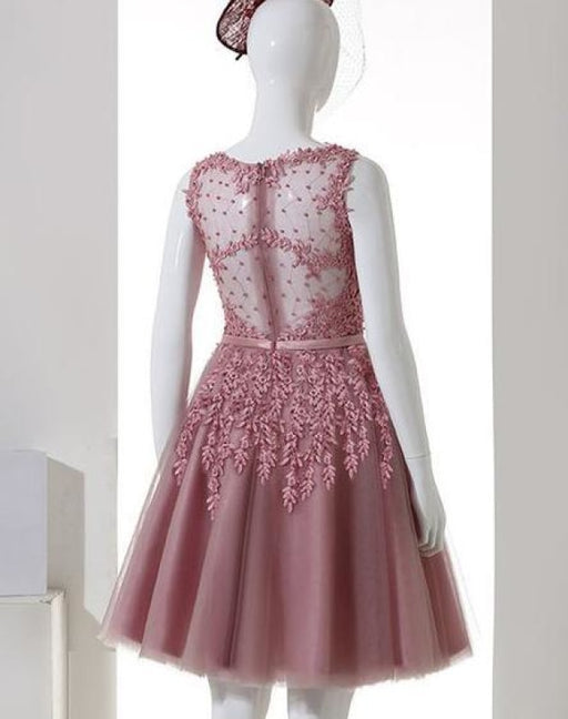 Dusty Pink A-Line Sleeveless Tulle Dress Lace Applique Homecoming Gown - Prom Dresses