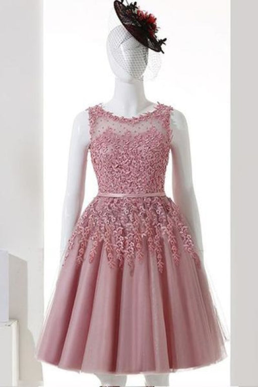 Dusty Pink A-Line Sleeveless Tulle Dress Lace Applique Homecoming Gown - Prom Dresses