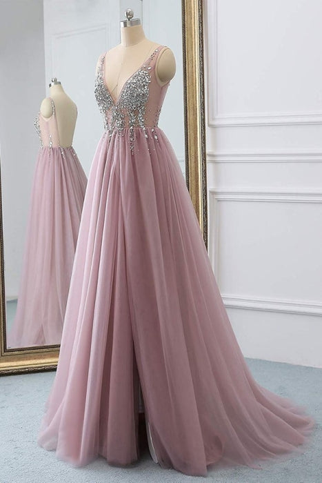 Dusty Pink A Line Tulle Prom Sparkly V Neck Long Graduation Dress with Rhinestone - Prom Dresses