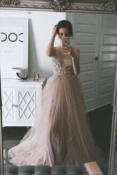Dusty Pink A Line Tulle Prom Sparkly V Neck Long Graduation Dress with Rhinestone - Prom Dresses
