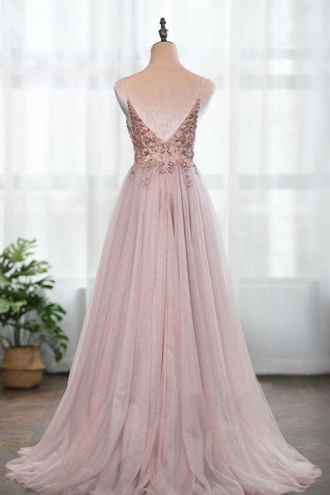Dusty Pink Spaghetti Straps Gorgeous Beading Prom Dress A Line Split Tulle Evening Dresses - Prom Dresses