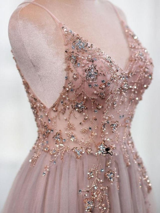 Dusty Pink Spaghetti Straps Gorgeous Beading Prom Dress A Line Split Tulle Evening Dresses - Prom Dresses