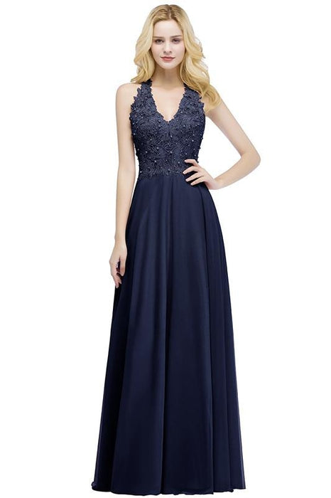 Dusty Rose Evening Dress Lace Chiffon Long Bridesmaid Dresses - Dark Navy / US 2 - Prom Dress