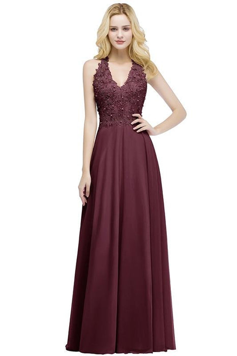 Dusty Rose Evening Dress Lace Chiffon Long Bridesmaid Dresses - Burgundy / US 2 - Prom Dress