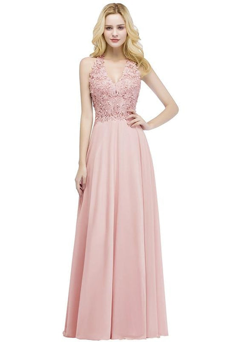 Dusty Rose Evening Dress Lace Chiffon Long Bridesmaid Dresses - Blushing Pink / US 2 - Prom Dress
