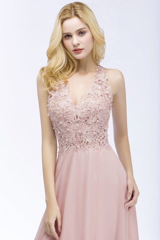 Dusty Rose Evening Dress Lace Chiffon Long Bridesmaid Dresses - Prom Dress