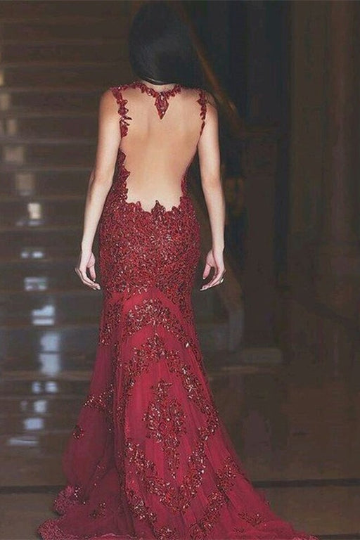 Mermaid Evening Dress with Burgundy Lace Appliques