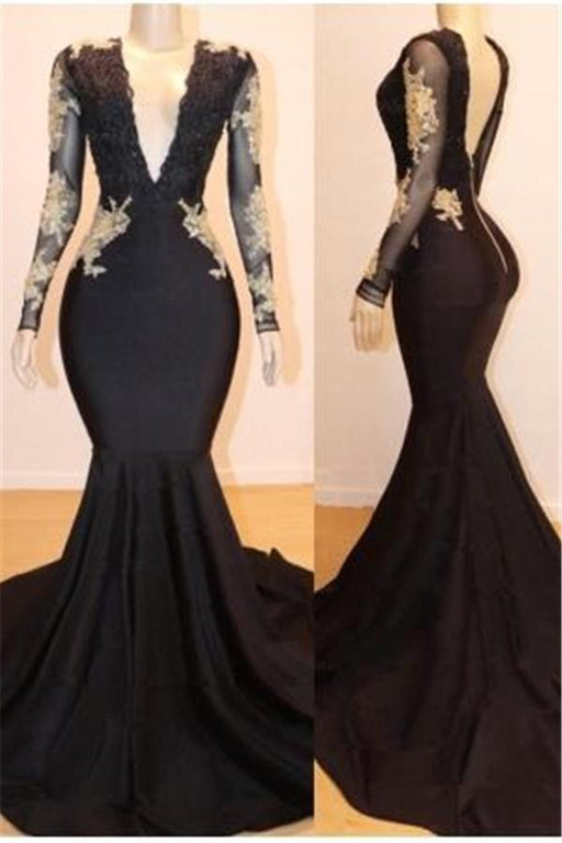 Black Mermaid Evening Gown with Long Sleeves
