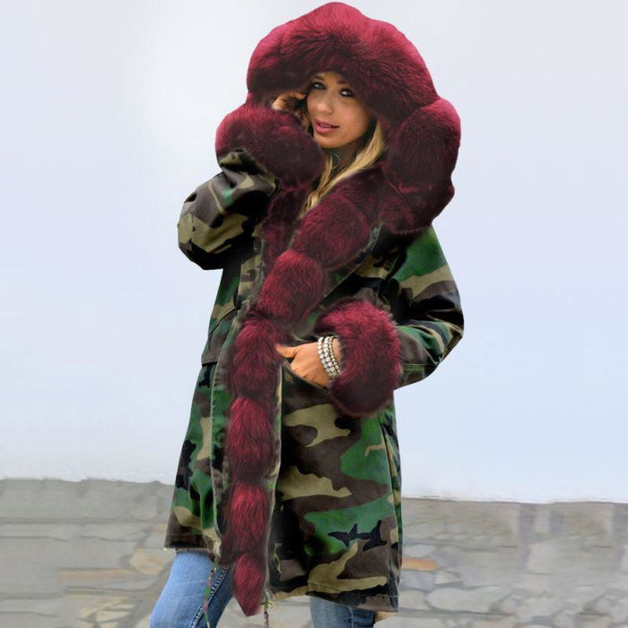 Electric Army Green Faux Fur Chubby Faux Fur Coats - Burgundy / S - womens furs & leathers