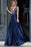 Elegant A-line Dark Blue Deep V-neck Satin with Beading Sweep Train Backless Prom Dress - Prom Dresses