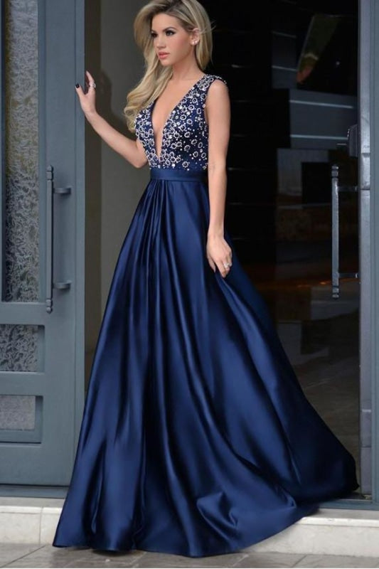 Elegant A-line Dark Blue Deep V-neck Satin with Beading Sweep Train Backless Prom Dress - Prom Dresses
