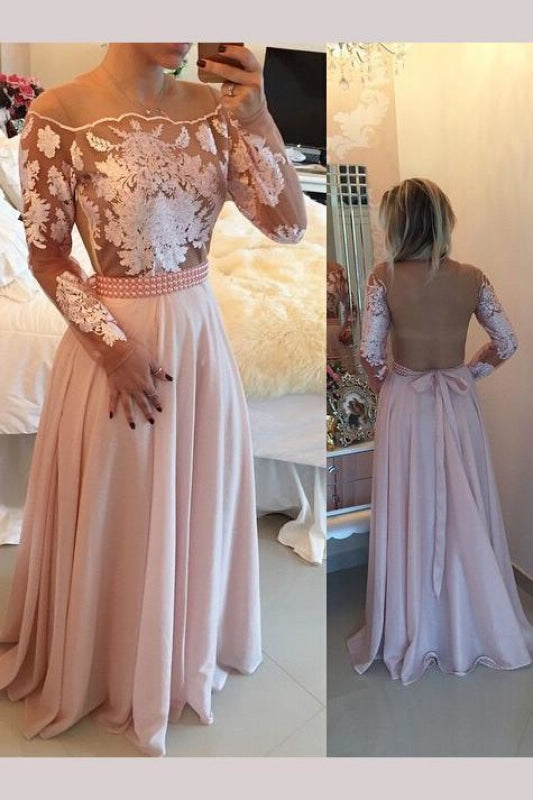 Elegant A-line Pink Floor-length Illusion Back Chiffon Prom Dress with Appliques Beading - Prom Dresses