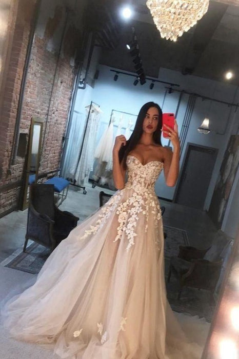 Elegant A Line Sweetheart Tulle Lace Applique Ivory Wedding Long Dress - Wedding Dresses