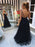 Elegant A Line V Neck Beaded Black Long Prom Dresses, V Neck Black Formal Graduation Evening Dresses