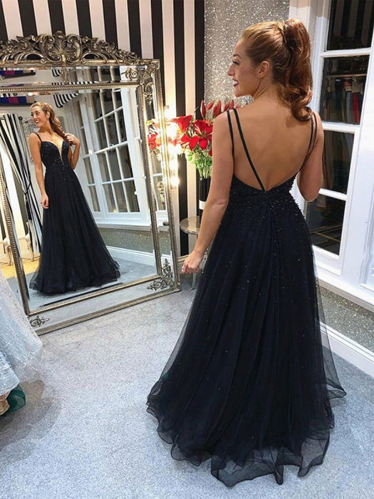 Elegant A Line V Neck Backless Beaded Top Black Long Prom, V Neck Back Bridelily Elegant A Line V Neck Backless Beaded Top Black Long Prom, V Neck Back Bridelily