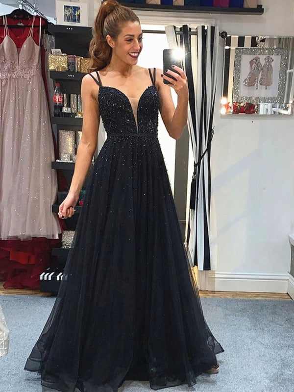 Elegant A Line V Neck Backless Beaded Top Black Long Prom, V Neck Back Bridelily Elegant A Line V Neck Backless Beaded Top Black Long Prom, V Neck Back Bridelily