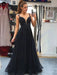 Elegant A Line V Neck Beaded Black Long Prom Dresses, V Neck Black Formal Graduation Evening Dresses