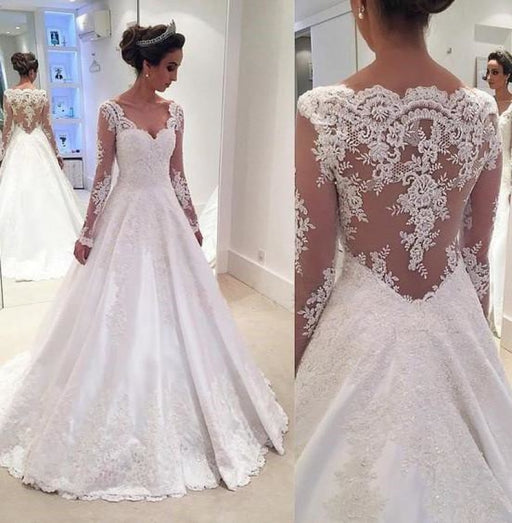 Elegant A-line V Neck Long Sleeves Wedding Dress - Wedding Dresses