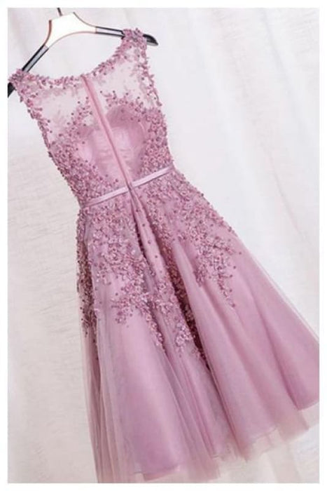Elegant Appliques Formal Short Homecoming Dress Sleeveless Tulle Prom Gown - Prom Dresses