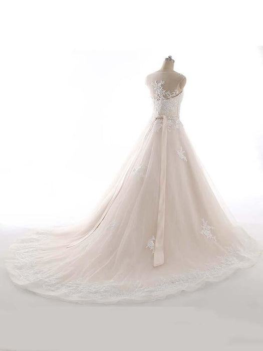 Elegant Bateau Lace Appliques Ribbon Wedding Dresses - wedding dresses