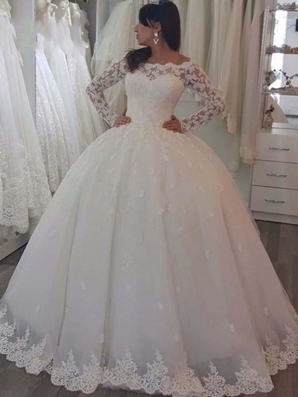 Elegant Bateau Long Sleeves Lace Ball Gown Wedding Dresses - Ivory / Floor Length - wedding dresses