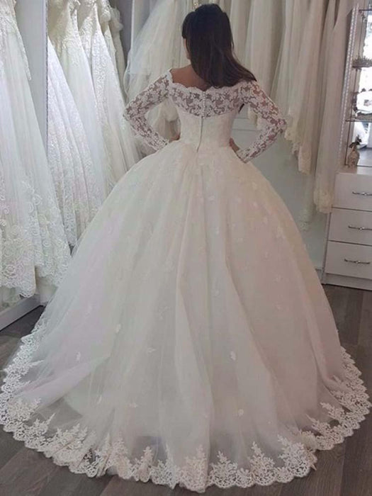 Lace Ball Gown Wedding Dress with Long Sleeves - Bridelily Lace Ball Gown Wedding Dress with Long Sleeves - Bridelily