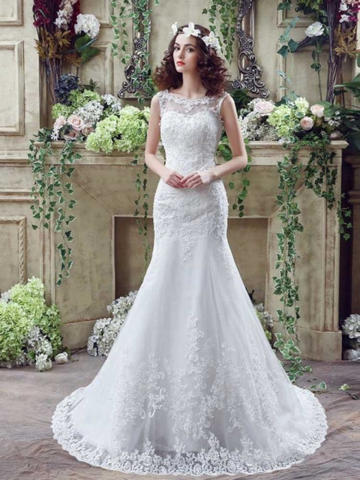 Elegant Beaded Tulle Mermaid Wedding Dresses - Ivory / Floor Length - wedding dresses
